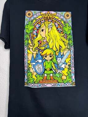 The Legend of Zelda Stained Glass Art Print Black T-Shirt Medium